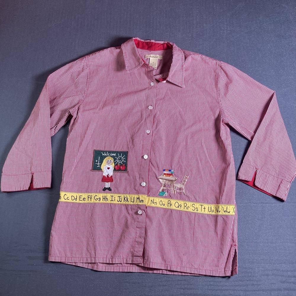 Bechamel S Vintage Woman's Vintage Red Gingham Teacher Button Shirt Embroidered